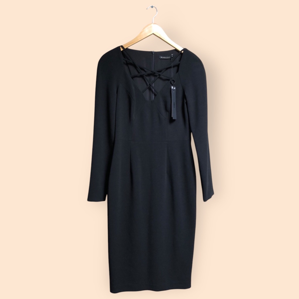 Black Halo Nwt Masca Long Sleeve Criss Cross Front Sheath Dress Black Designer 4